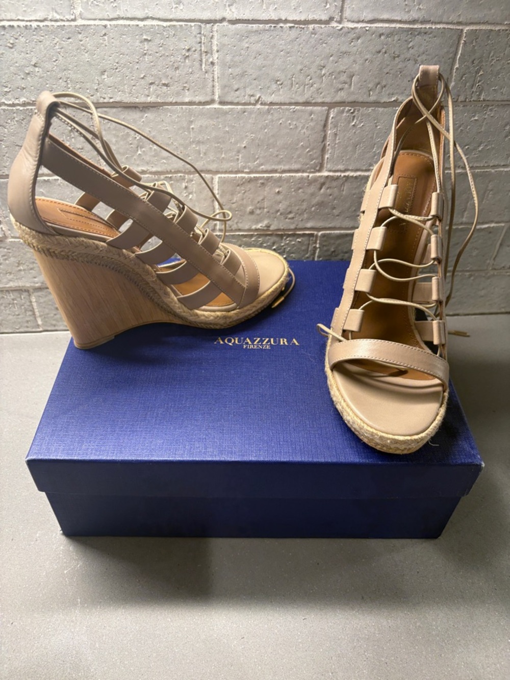 Aquazzura Beige Lace-Up Espadrille Wedge Sandals